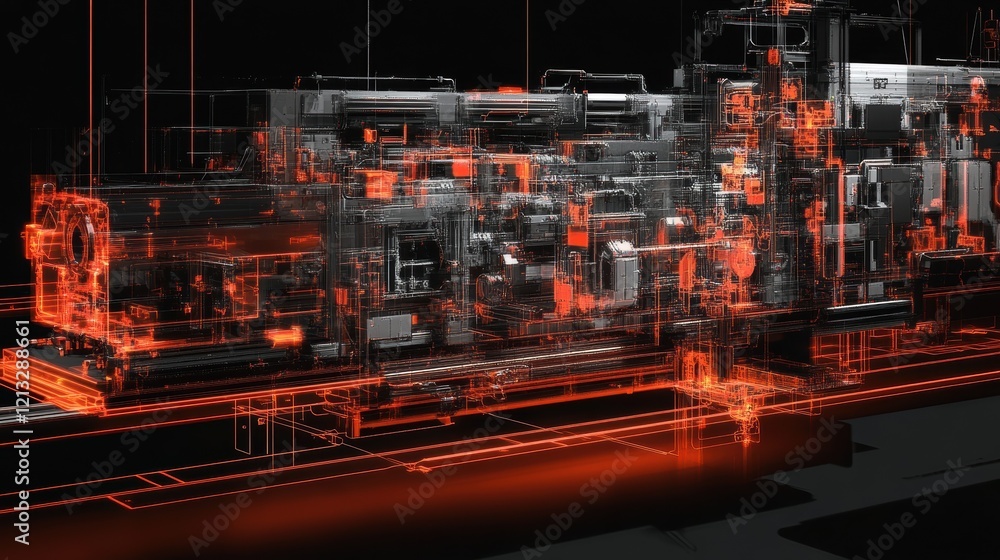 Poster complex automated machinery performing tasks with glowing orange lights highlighting its intricate i