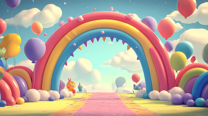 A whimsical rainbow archway with cheerful characters and colorful balloons for a festive celebration. Rainbow Archway. Illustration