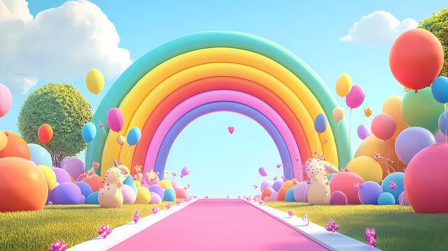 A whimsical rainbow archway with cheerful characters and colorful balloons for a festive celebration. Rainbow Archway. Illustration
