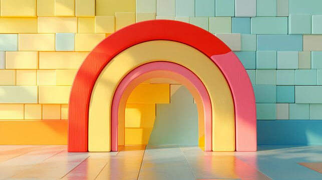 A whimsical wooden rainbow archway set against a colorful block wall, inviting playful exploration and creative imagination. Rainbow Archway. Illustration