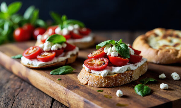 Bruschetta with Whipped Feta and Roasted Tomatoes, drizzled with Olive Oil