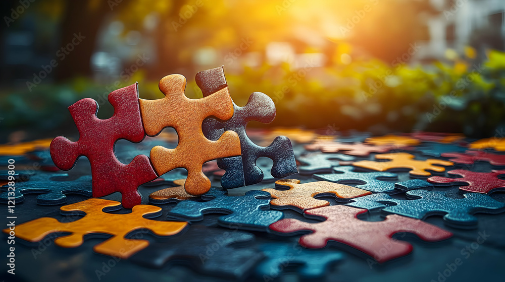 Poster interlocking puzzle pieces: a symbol of collaboration and problem solving