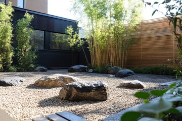 Serene Zen garden rocks, gravel, bamboo, city backdrop, peaceful retreat