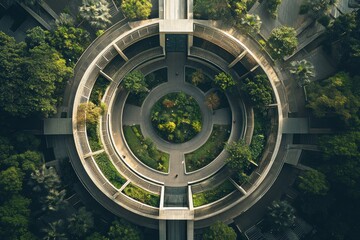 Aerial view circular garden, urban oasis, building rooftop, green city