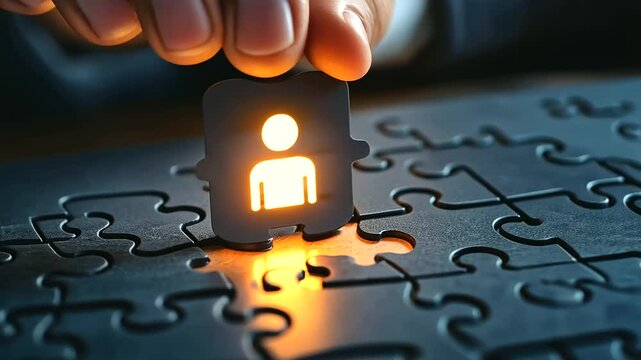 A vibrant jigsaw puzzle featuring a glowing person icon being placed as the final piece, symbolizing employee placement in HR management.