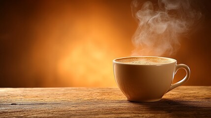 Obraz premium Steaming cup of coffee on wooden table.