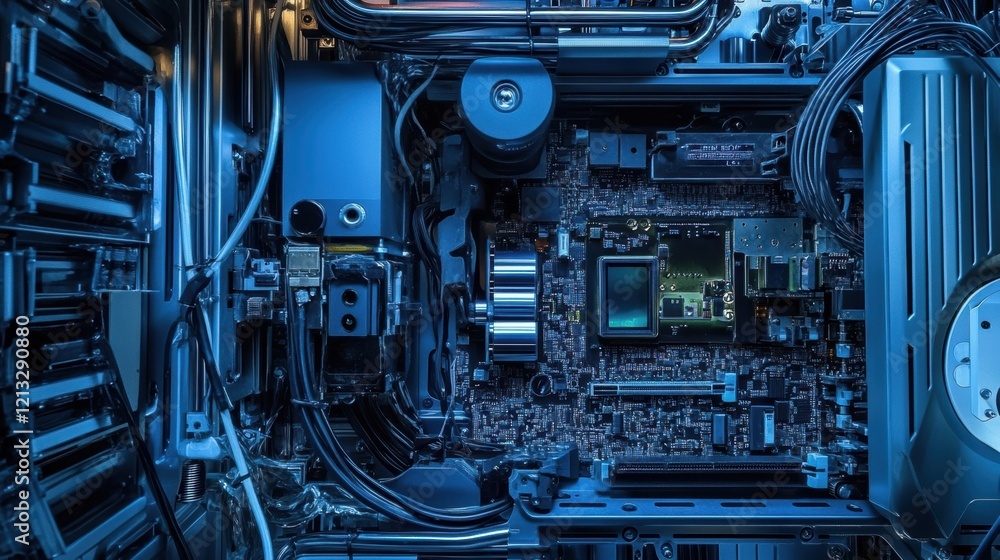 Poster intricate network of electronic components and circuits illuminated by a cool blue light, showcasing