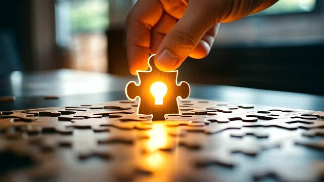 A hand completing a wooden jigsaw puzzle with a glowing human icon as the final piece, representing the importance of filling the right position in HR.