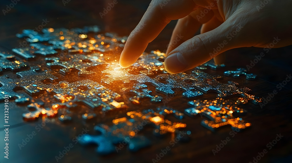 Poster hand connecting glowing puzzle pieces: a metaphor for problem solving and innovation