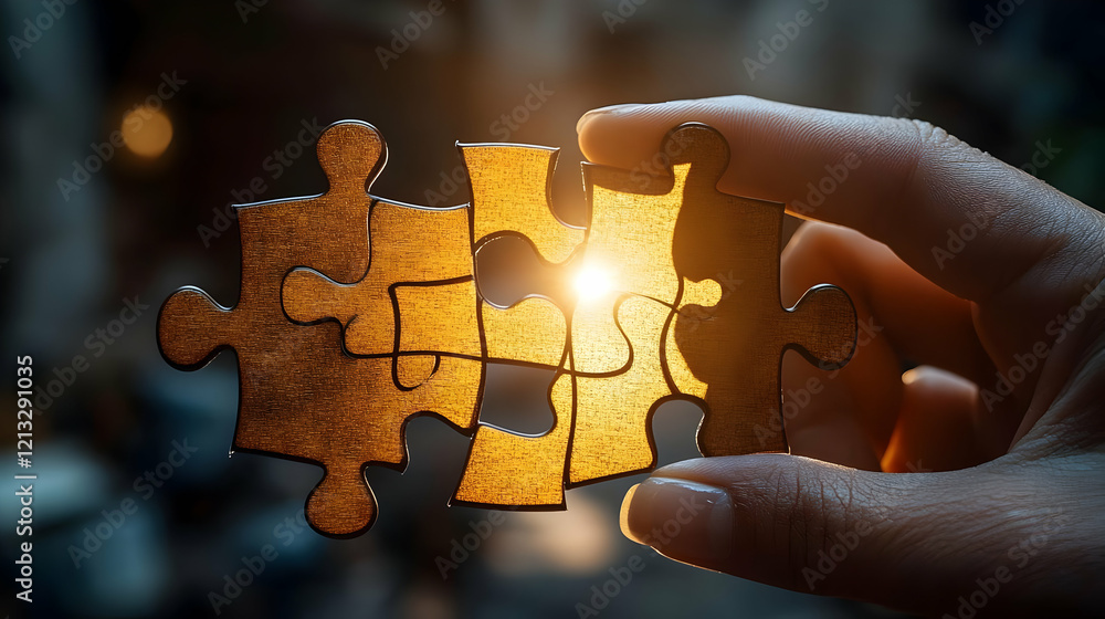 Poster golden hour puzzle pieces: a symbol of connection and problem solving