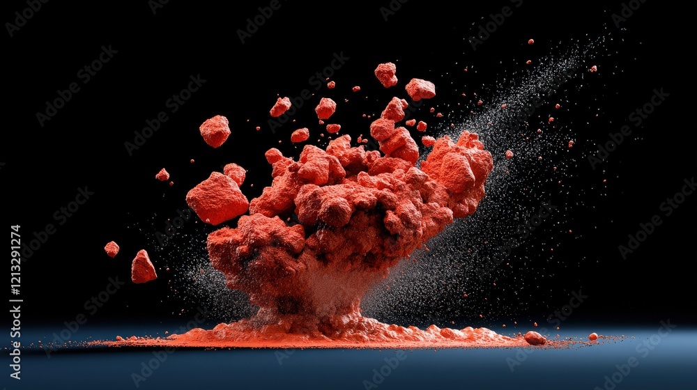 Aufkleber red powder explosion: a vibrant red powder explodes in a dramatic burst against a dark background, c