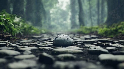 Fototapeta premium Single stone on a misty forest path.
