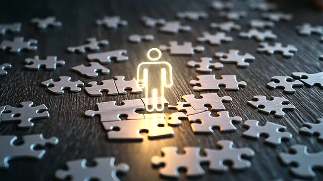 A wooden jigsaw puzzle with a central glowing person-shaped piece being added by hand, symbolizing the final stage of the hiring process.