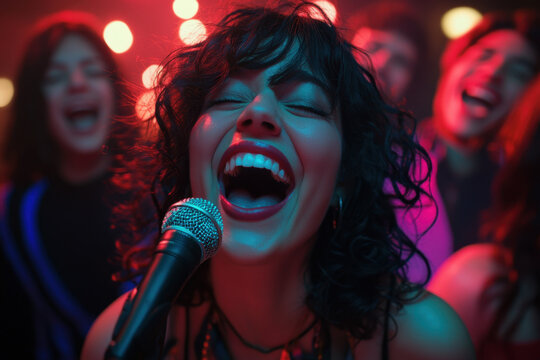 Energetic crowd enjoying a karaoke performance with vibrant lighting and music