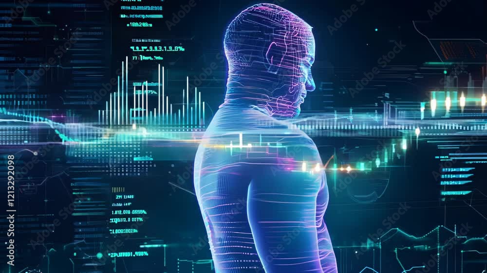Poster exploring the harmonious fusion of technology and human potential in a digital universe. generative 