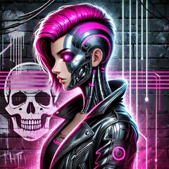 Glowing Pink-Eyed Cyberpunk Girl