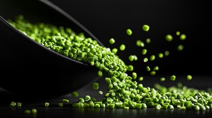 Close-up of fresh green beans spilling out of a black dish, intricate surface textures emphasized by dramatic studio lighting, bold color contrast