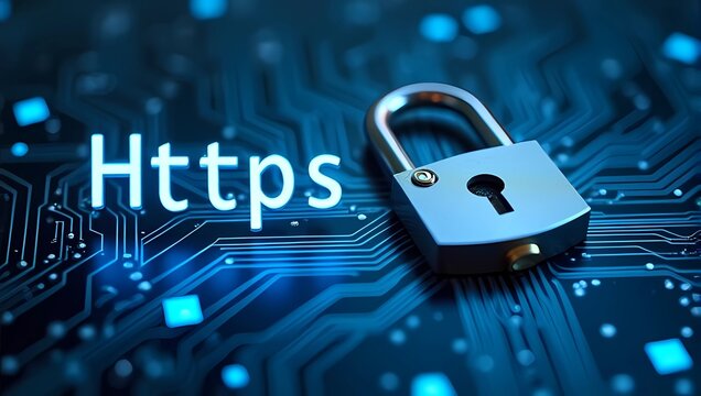 Close of "Https" text and padlock icon stand on blue circuit board background, SEO term for a safe encrypted connection on Internet with SSL certificate. Secure browsing and online safety concept 