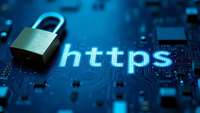 Close of "Https" text and padlock icon stand on blue circuit board background, SEO term for a safe encrypted connection on Internet with SSL certificate. Secure browsing and online safety concept 