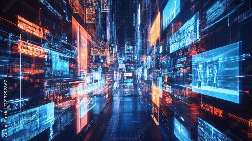 Poster digital data streams flow through futuristic city, showcasing information overload for tech concepts