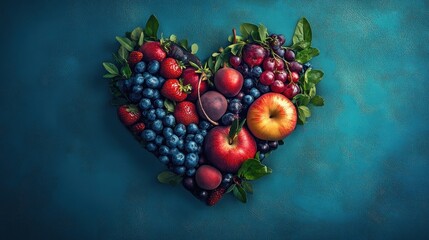 Heart-shaped fruit arrangement, teal background, healthy eating concept