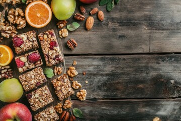 Rustic wooden table, raspberry granola bars, fruit, nuts