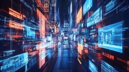 Digital data streams flow through futuristic city, showcasing information overload for tech concepts