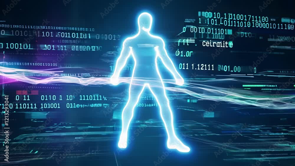 Poster exploring the digital realm with a futuristic human silhouette and binary codes in a vibrant tech la