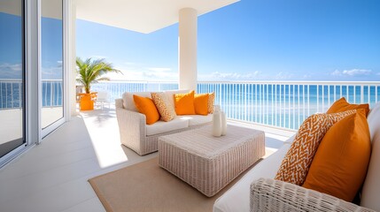 Obraz premium Stunning beachside rental, warm-toned interiors, ample branding space for real estate marketing, welcoming ambiance, bright and airy