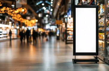 Obraz premium Blank Advertising Display in Busy Shopping Mall with Blurred Shoppers and Storefronts