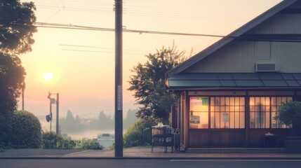 Obraz premium Sunrise over a quaint shop in a quiet town.