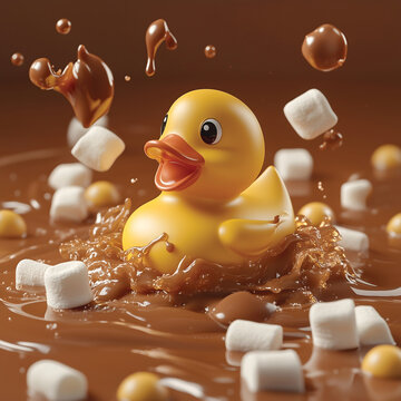Rubber Duck Swimming in Hot Chocolate with Marshmallows &ndash; A Fun Treat