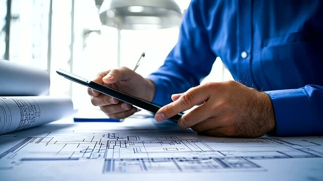 A focused architect calculating construction costs on a tablet, with a detailed blueprint and notes spread across the desk.