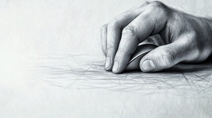 A textured sketch close-up of a hand gripping a mouse, geometric patterns etched on the desk, monochromatic tones, minimalist modern style