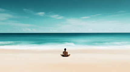 A person sitting on a beach, with peaceful waves flowing around them, symbolizing calmness overcoming mental chaos.


