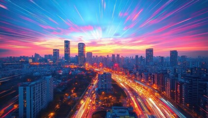 Fototapeta premium Dynamic Tokyo Cityscape at Sunset with Light Trails and Urban Energy