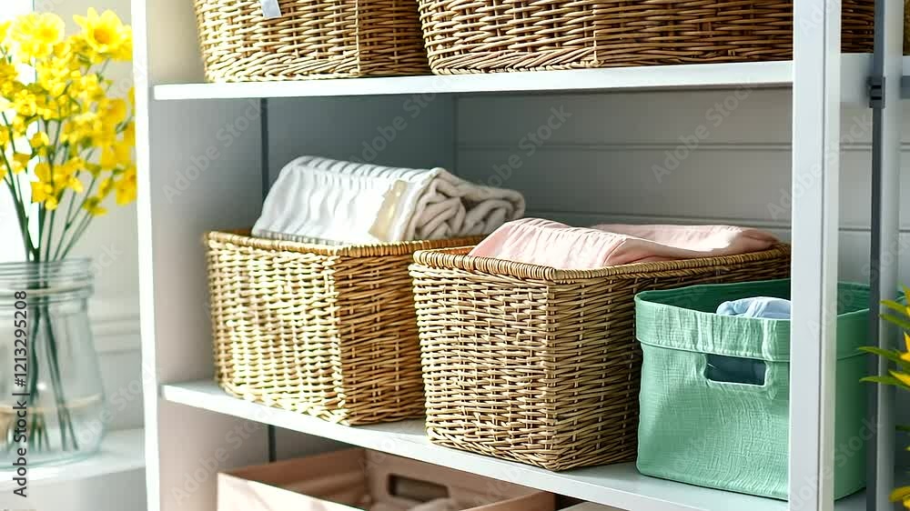 Poster a harmonious storage area with shelves featuring wicker baskets and pastel-colored fabric boxes, cre