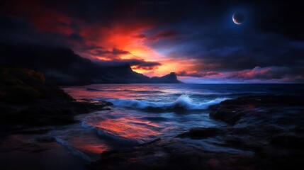 Fiery Sunset over Coastal Mountains and Ocean Waves