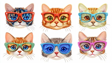 Fototapeta premium Six Cartoon Cats with Colorful Glasses Showing Different Emotions