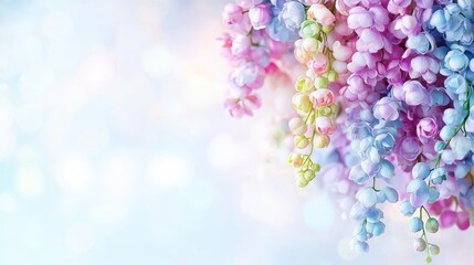 Obraz premium Pastel spring flowers hang against a soft blue bokeh background with copy space.