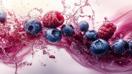 Fresh Berries Splash: Vibrant blueberries and raspberries create a dynamic wave of color and water, perfect for health, food, or beverage marketing.