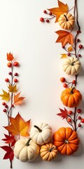 Fototapeta premium Autumnal arrangement of pumpkins and fall foliage