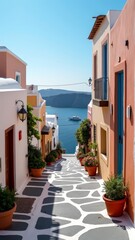 Fototapeta premium A picturesque Greek village with whitewashed houses and a stunning sea view