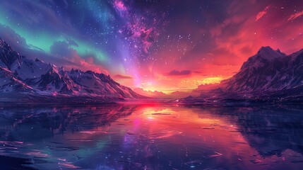 Fototapeta premium Colorful_northern_lights_in_the_sky_over_water_