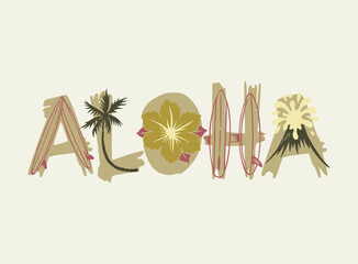Creative and editable lettering illustration with the word Aloha and graphic elements related to Hawaii and local culture. © Rob