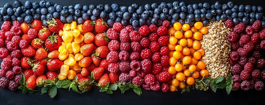 Collage fresh food products, including vibrant fruits, grains, and nuts, arranged for a visually pleasing display - Powered by Adobe
