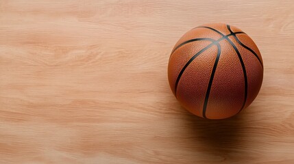 Obraz premium Overhead close-up of a basketball placed on a detailed brown court floor, highlighting textures with clear room for copy