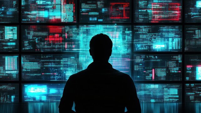 Hacker analyzes data streams on digital wall - Powered by Adobe