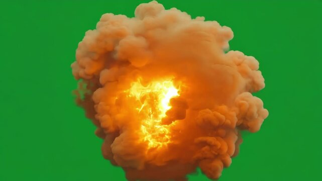 A controlled blast produces a large rounded fireball with a glowing core. Green screen chromakey.
