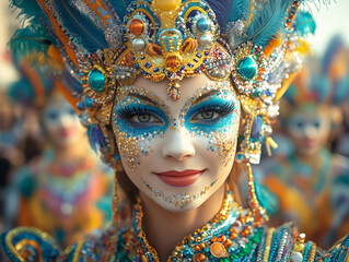 Woman in Ornate Carnival Headdress and Makeup